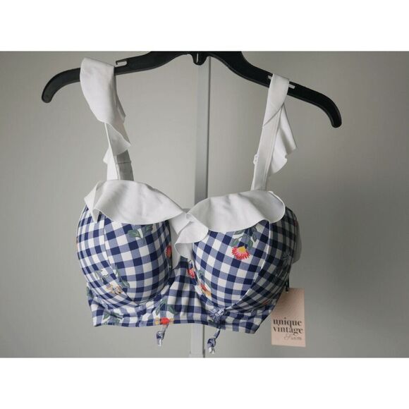 Unique Vintage Plus Size Navy Gingham & Floral Southampton Swim TOP 2X - Picture 2 of 4